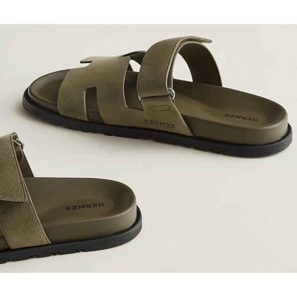 Hermes Chypre Sandal Mens Vert Toundra Green Suede Black H Logo Slide Flat 46 13 - Picture 14 of 16